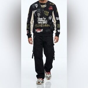 Bleecker & Mercer Mens Graffiti Print‎ Crewneck Sweatshirt Black White Small